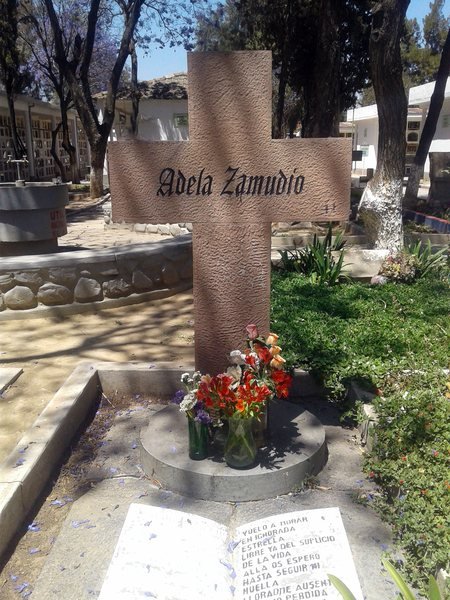 Cruz de piedra rosada con la inscripción «Adela Zamudio», con un ramo de flores rojas al pie y una lápida blanca con texto grabado, rodeada de plantas.