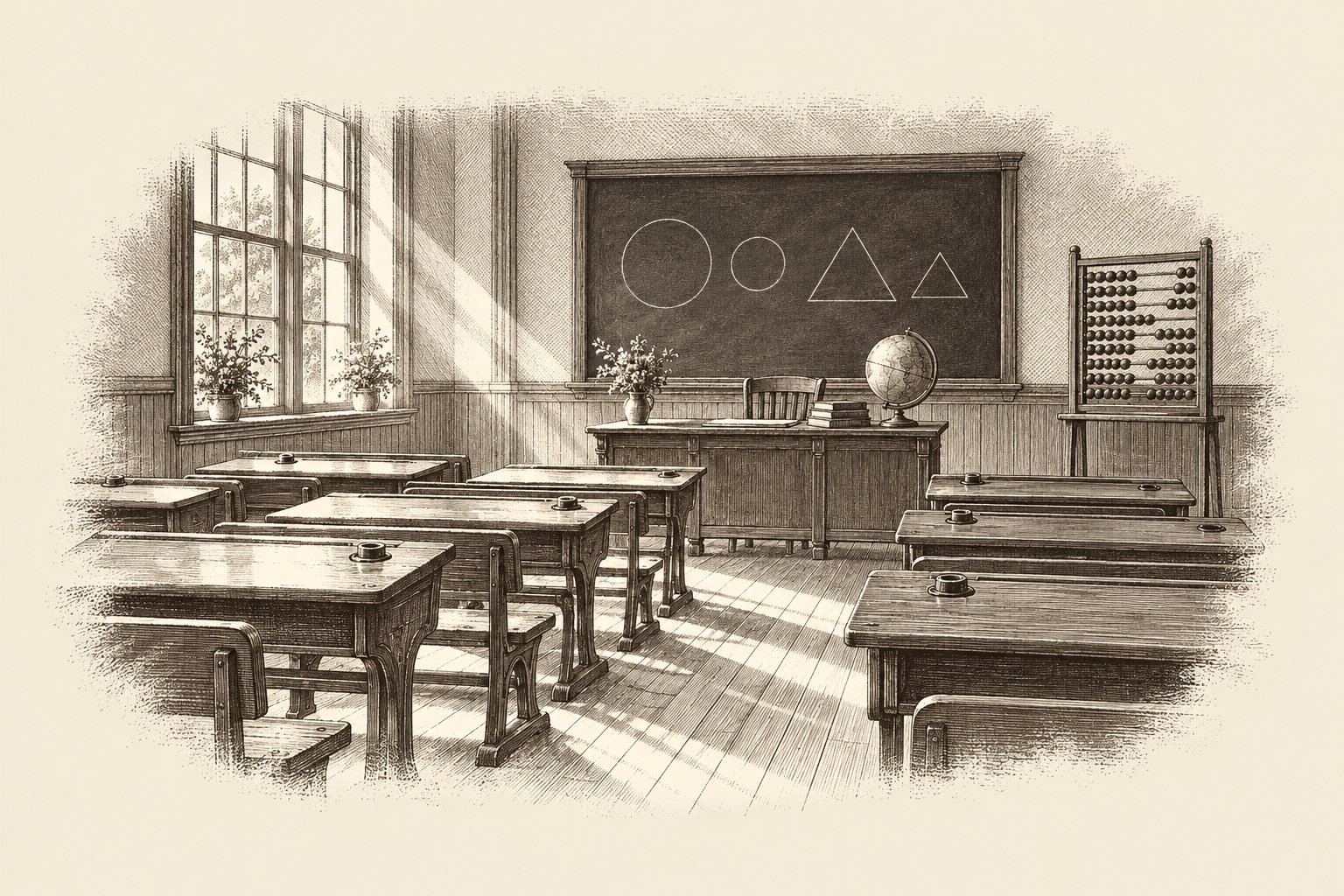Grabado sepia de un aula antigua vacía con filas de pupitres de madera, una pizarra con círculos y triángulos dibujados, un ábaco de pie, un globo terráqueo sobre el escritorio y rayos de sol que entran por un ventanal.