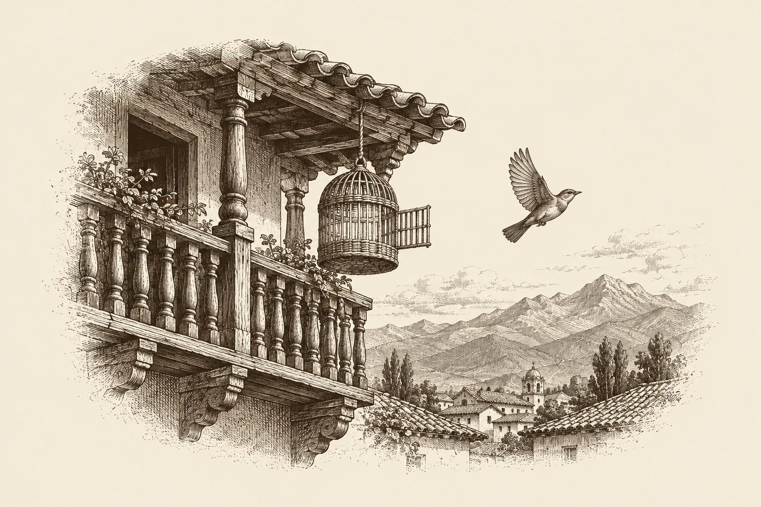 Grabado sepia de un balcón colonial de madera del que cuelga una jaula de cañas con la puerta abierta; un pájaro vuela alejándose hacia montañas lejanas sobre tejados y un campanario.