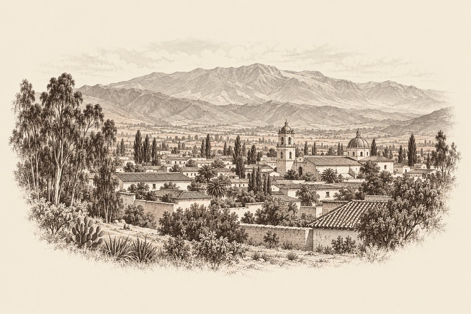 Grabado sepia de un pueblo andino de casas bajas con tejados de teja, una iglesia con campanario y cúpula entre árboles altos, y una gran cordillera al fondo.