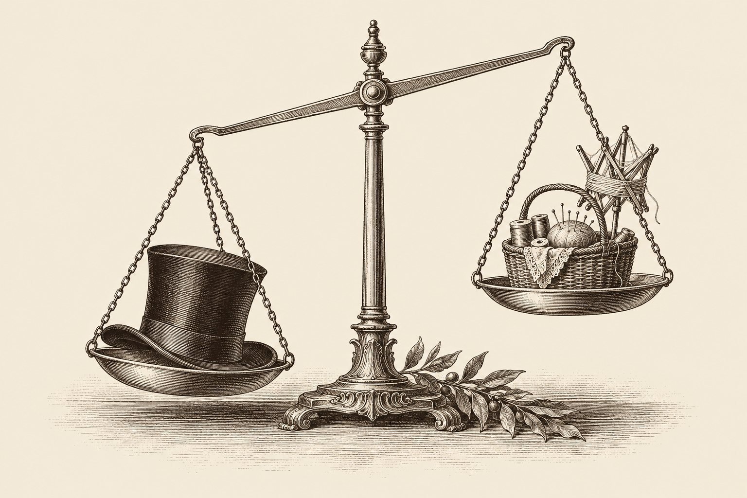 Grabado sepia de una balanza de platillos inclinada: a la izquierda, abajo, un sombrero de copa; a la derecha, arriba, un cesto de costura con carretes, alfiletero y una devanadera. Una rama de hojas al pie.