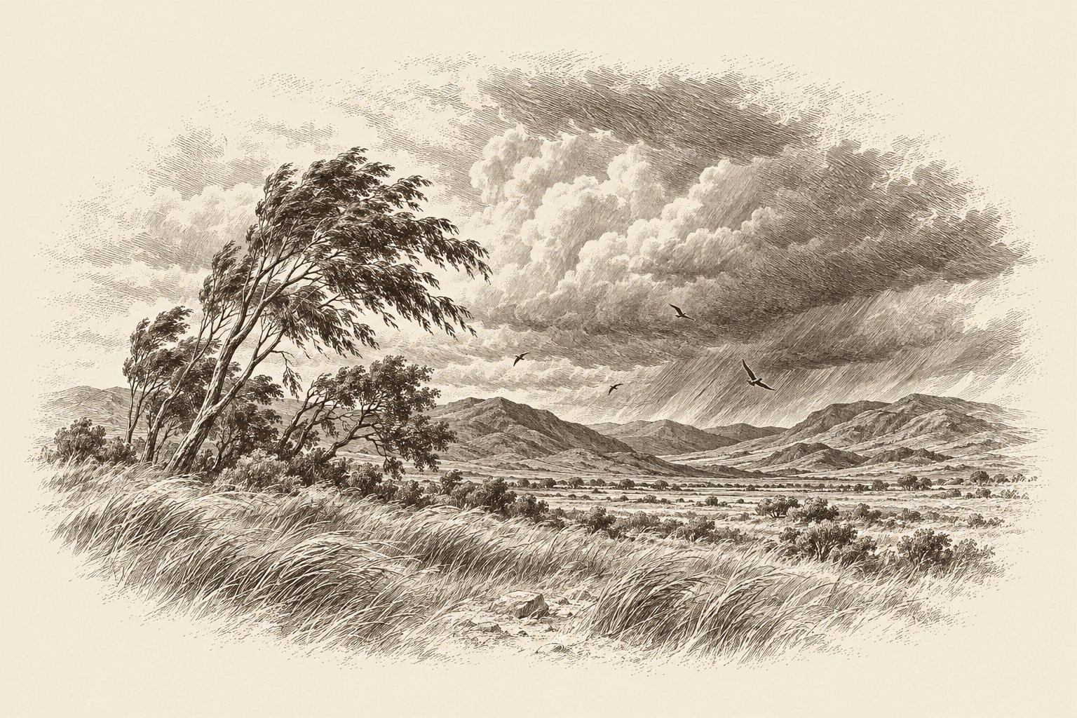 Grabado sepia de un valle andino con hierba alta agitada por el viento, árboles inclinados a la izquierda y grandes nubes de tormenta con lluvia a lo lejos sobre los cerros.