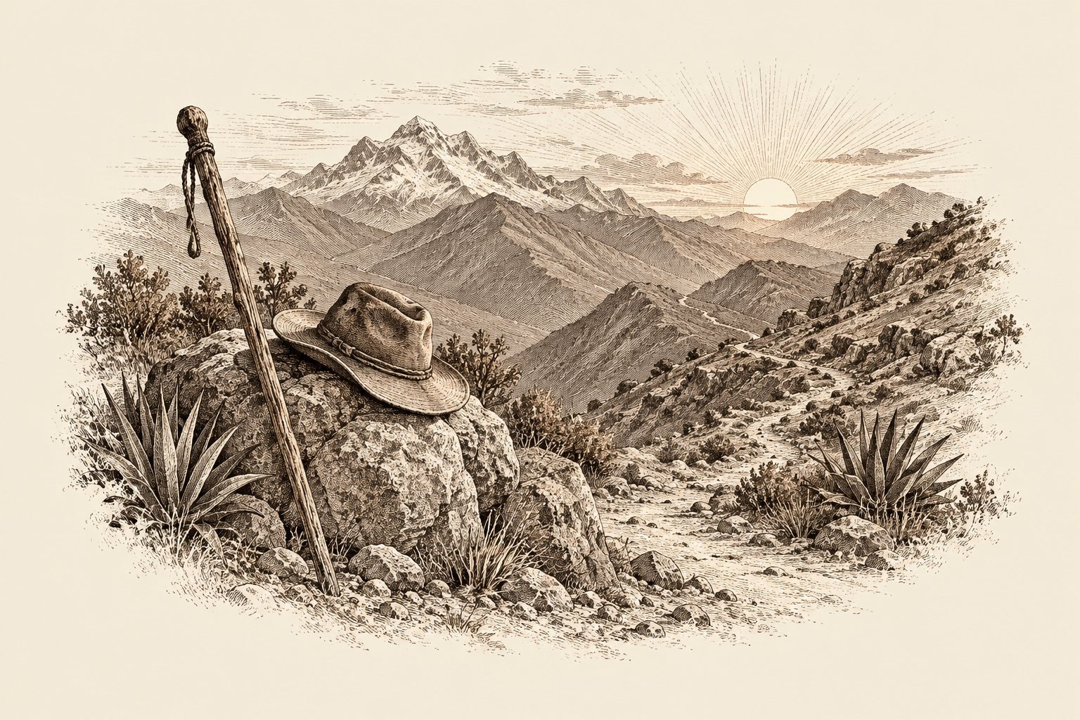 Grabado sepia de un bastón apoyado en una roca con un sombrero de ala ancha encima; detrás, un sendero sinuoso entre agaves sube hacia montañas nevadas con el sol poniéndose.