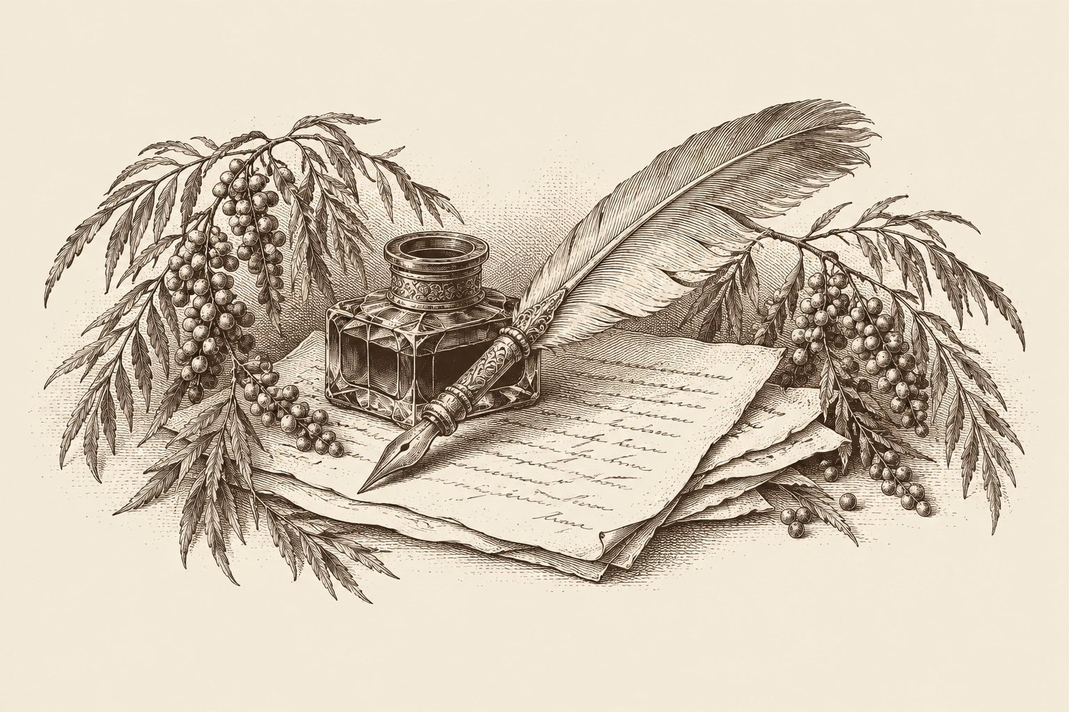 Grabado sepia de una pluma de ave con plumín dorado apoyada sobre un tintero de cristal y hojas manuscritas, enmarcada por ramas de molle con racimos de frutos redondos.