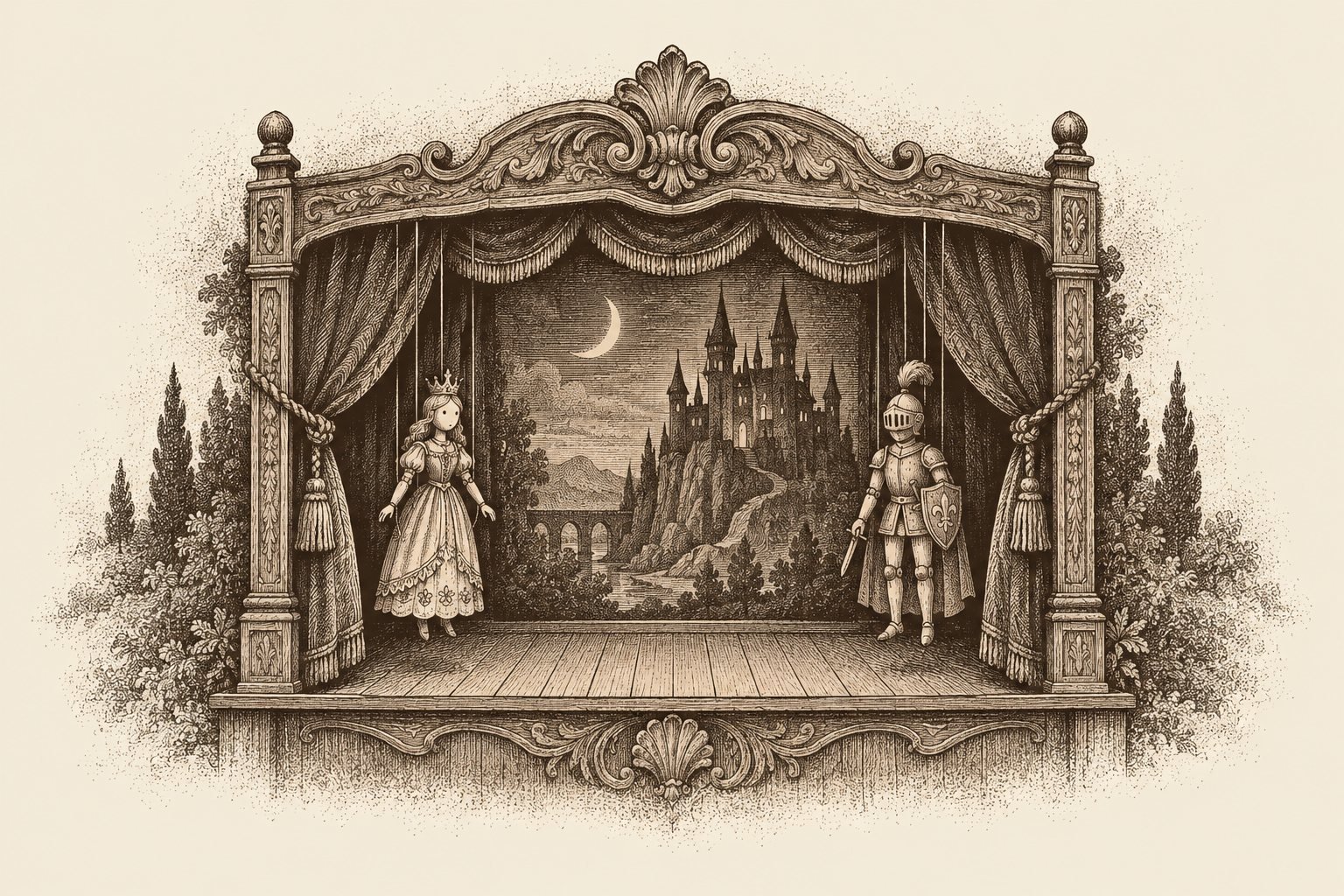 Grabado sepia de un pequeño teatro de títeres con telones recogidos; al fondo un castillo oscuro de torres puntiagudas bajo una luna creciente; a los lados, una marioneta de princesa con corona y otra de caballero con armadura.