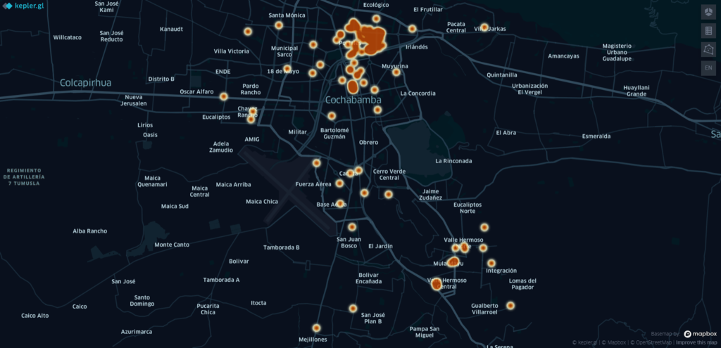mapa de lugares de consumo de bebidas alcohólicas en Cochabamba
