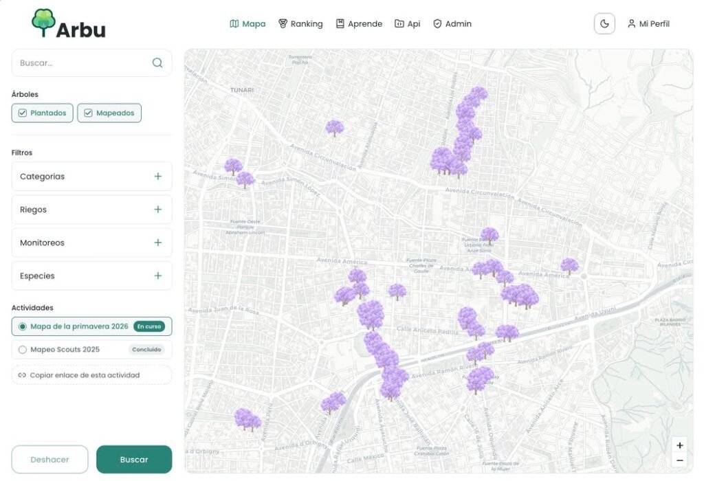 Mapa de jacarandás registrados en Arbu
