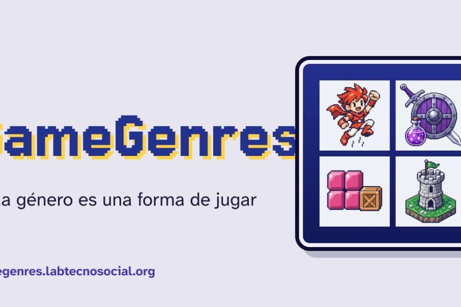 Tarjeta de GameGenres: «Cada género es una forma de jugar», con cuatro emblemas pixel art de géneros.