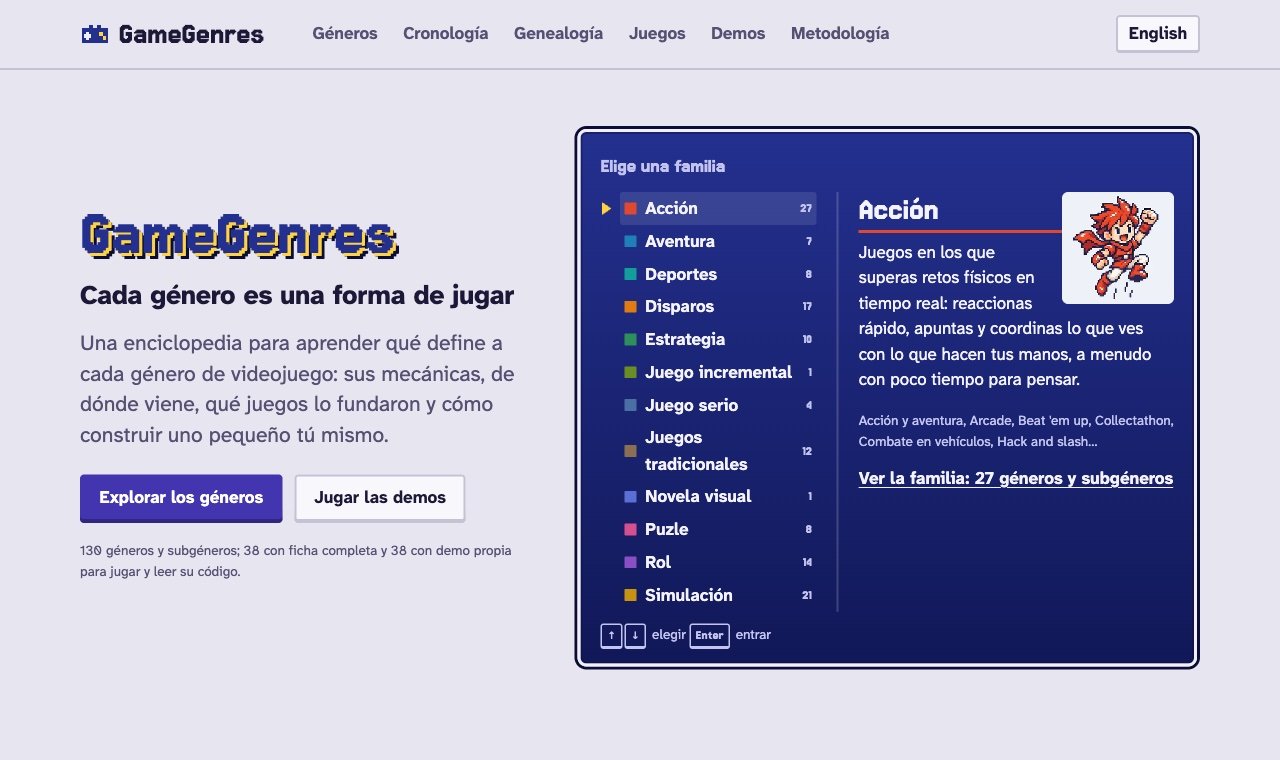 Portada de GameGenres: a la izquierda el título en letra pixelada y los botones «Explorar los géneros» y «Jugar las demos»; a la derecha, un menú azul al estilo de los juegos de rol para elegir una familia de géneros, con Acción seleccionada y su emblema pixel art.